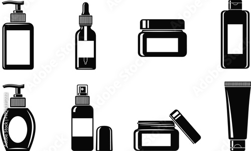 Set of cosmetic containers bottles jars tubes and droppers silhouette vector illustration isolated on white background skincare packaging collection design