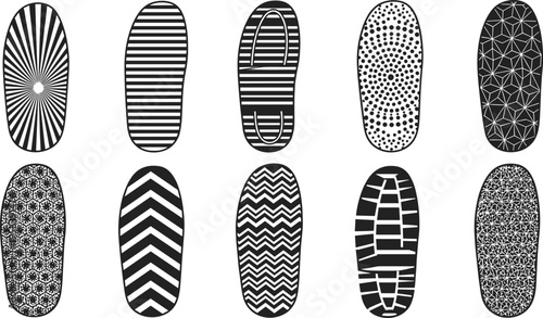 Set of shoe sole patterns different tread textures isolated on white background footwear design elements collection vector illustration