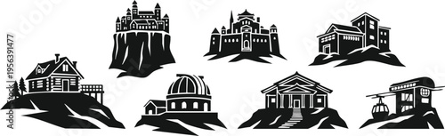 Creative Title: High Altitude Landmarks and Mountain Retreat Silhouette Set