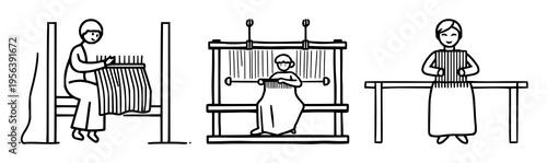 Weaver's loom pictogram set with minimalist design featuring person, loom, textile craft symbol with bold lines and white background