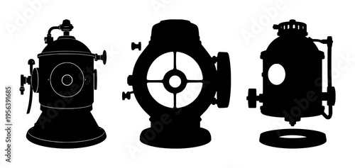 Vintage deep-sea diving bell set with solid black silhouette on white background featuring underwater exploration, maritime, nautical with historical and industrial design