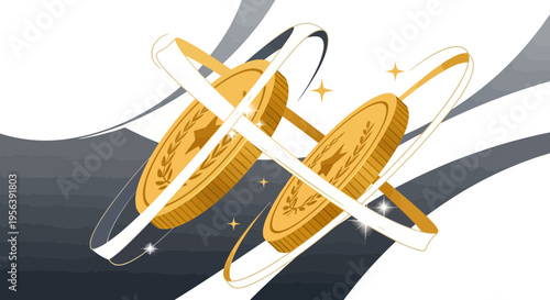 Conceptual illustration of golden coins orbiting with abstract design elements on backdrop
