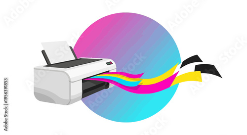 Colorful printer illustration with vibrant hues and gradient background for modern tech themes