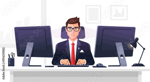 Competent professional with dual monitors working at his desktop computer inside office
