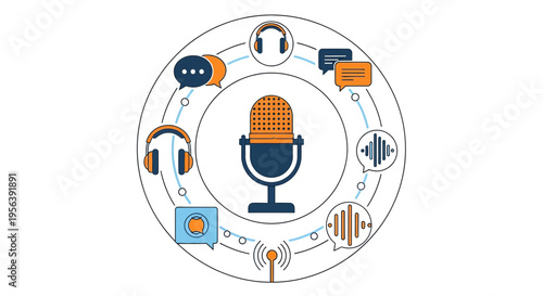 Concept illustration showcasing podcasting and audio creation elements in circular design
