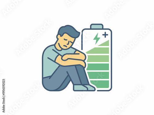 A man feels sadness next to a battery showing low energy levels.