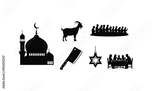Eid al adha celebration vector silhouette elements with qurban goat and religious symbols