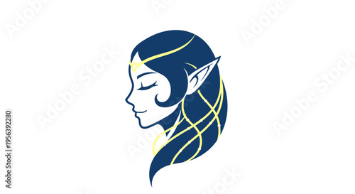 Stylized elven woman profile illustration with a golden star, mythical fantasy character with long flowing hair and pointy ears.
