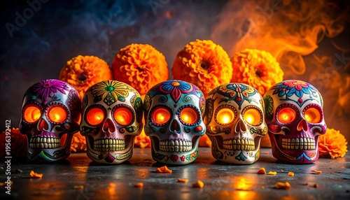 Wallpaper Mural Day of the Dead Sugar Skulls and Marigolds Arrangement. Torontodigital.ca