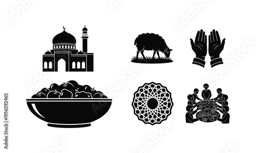 Islamic celebration silhouette vector icon set featuring mosque sheep and family dinner