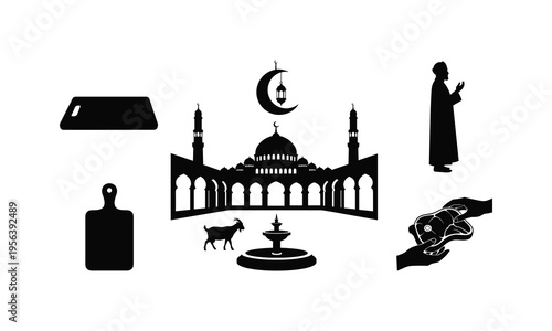 Islamic culture vector silhouette collection mosque prayer goat cooking and family illustration