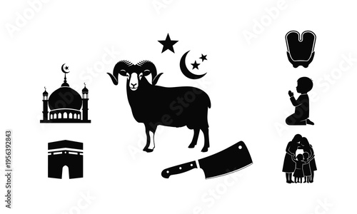 Sacrificial ram vector illustration for eid al adha with mosque and crescent moon symbol