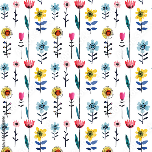 Seamless pattern with colorful hand-drawn wildflowers on white