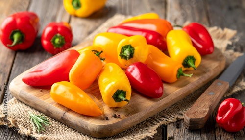Colorful Mini Bell Peppers on Wooden Cutting Board.