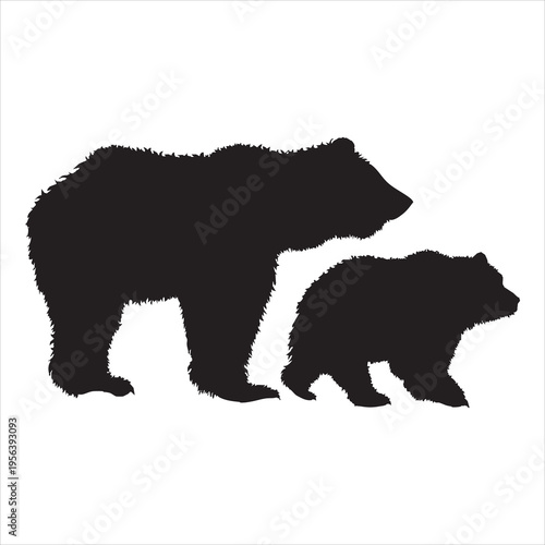 Vector silhouette of bear family on white background. Symbol of wild mother and baby stay together.