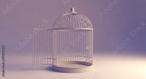 Open empty birdcage with door ajar.