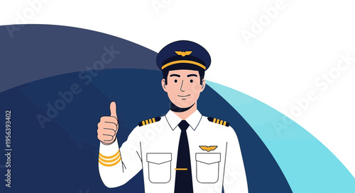 Confident airline pilot giving thumbs up on abstract background representing air travel
