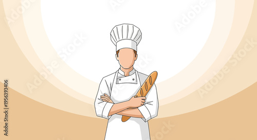 Confident baker illustration with fresh baguette and creamy background tones creating an inviting