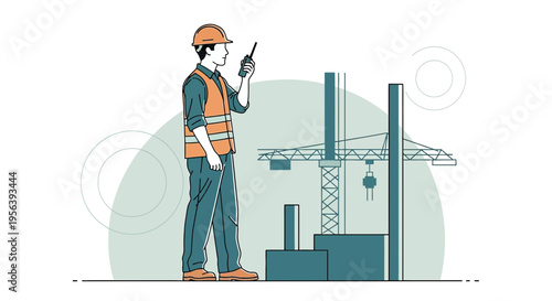 Construction supervisor using walkie-talkie overseeing building site operations on white background