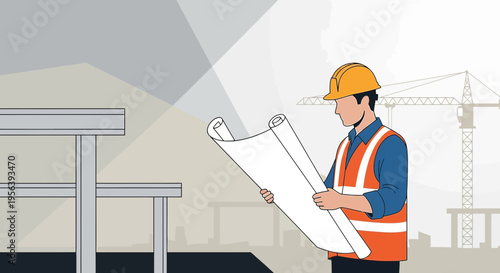 Construction Worker Analyzing Building Plans at a Site with Crane in Background