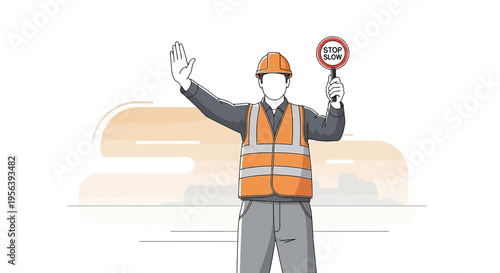Construction worker holding stop sign illustration demonstrating safety protocols and traffic