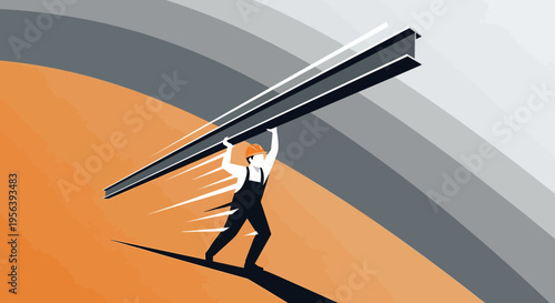Construction worker in motion carrying steel beam with linear design elements illustration