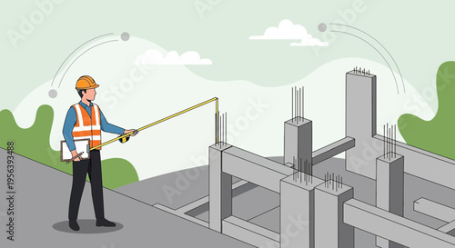 Construction worker inspecting a concrete foundation using a measuring tape for accuracy