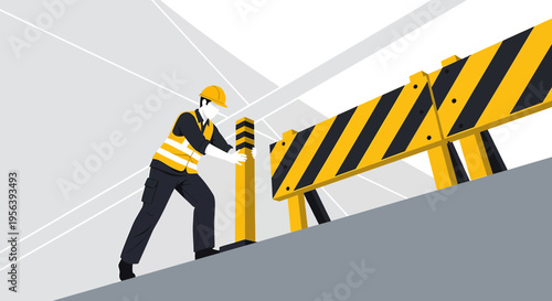 Construction worker setting up a barrier, signaling safety measures and restricted areas ahead