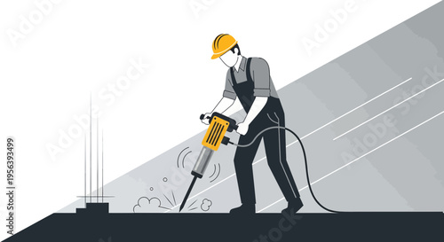 Construction worker using a jackhammer in a simplified and stylish grayscale vector art illustration