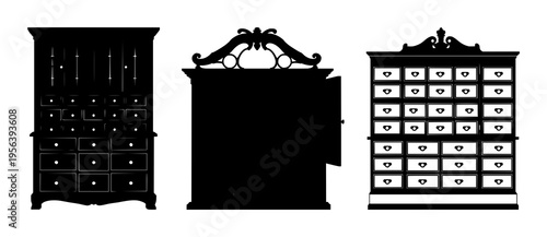 Victorian apothecary cabinet set with solid black silhouette against white background featuring ornate drawers, wooden paneling, detailed handles with iconography and classic aesthetic