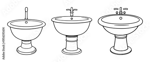 Barber shop washbasin set with minimalist black outline design featuring hair salon sink, drain, faucet with ceramic bowl and chrome fixtures