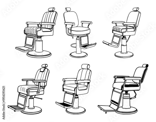 Barber chair set with vintage black line art on white background featuring hydraulic desk, wooden armrests, curved backrest with classic and stylistic