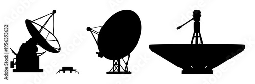Satellite Dish set with solid black silhouette featuring global communications, telecommunications, networking with technology and data