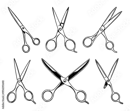 Barber shears set with black line art illustration on white background featuring barber tools, grooming, scissors with minimalist and vintage style