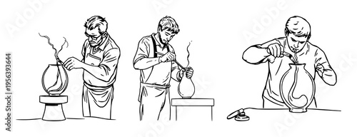 Glassblowing set with continuous line art of a glassblower shaping a vessel featuring glass art, craft, movement with thin black line and white background