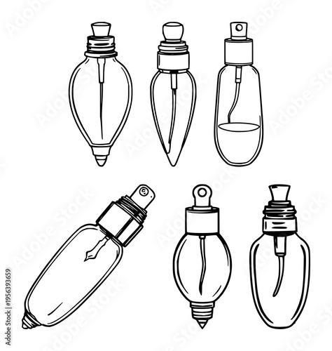 Perfume atomizer set with black line art illustration featuring glass bulb, atomizer, perfume bottle with fragrance and aroma