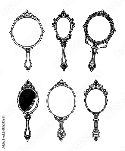 Shaving mirror set with elegant black line art and ornate design featuring hand-held mirror, grooming, barber tools with vintage and classic