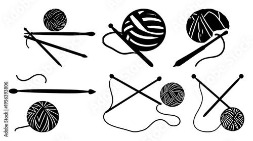 Knitting needles set with solid black silhouette of knitting needles and yarn ball featuring silhouette, black line art, yarn with needles and hobby