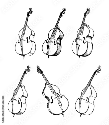 Double bass set with sketchbook style drawing featuring upright double bass, black ink pen, artistic textures with illustration and black and white