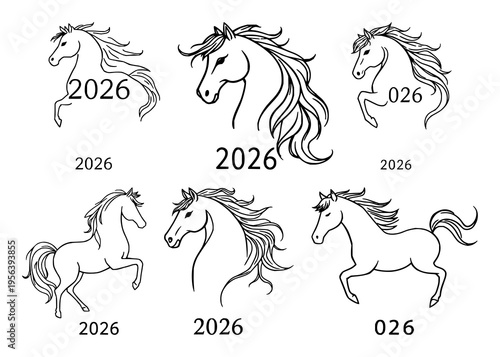 Year of the Horse 2026 emblem set with continuous line drawing featuring stylized flowing mane, minimalist single stroke design with equine and horse