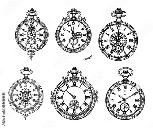 Pocket watch set with ornate Victorian line art design featuring gears, steampunk, Victorian with line art and white background