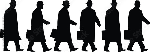 businessman, silhouettes, walking, briefcase, professional, office, corporate, commuter, urban, lifestyle, isolated, black, figure, retro, classic, coat, hat, movement, people, set