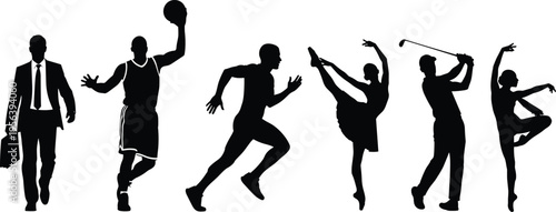 people, silhouettes, sports, business, lifestyle, activities, basketball, running, dancing, golf, fitness, professional, hobby, isolated, black, figures, motion, diverse, action, collection