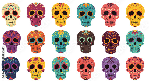 Vibrant collection of decorative sugar skull illustrations with intricate patterns and bright colors, perfect for Day of the Dead celebrations
