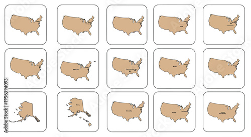 Map of the United States showing different states and regions with labeled cities, useful for geography and travel planning
