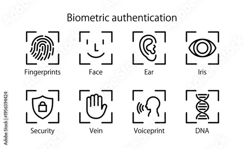Biometric authentication icon set (iris, face, fingerprint, DNA, vein, voiceprint, auricle)