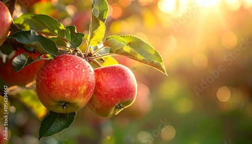Wallpaper Mural Ripe Red Apples Hanging on a Branch in Golden Sunlight. Torontodigital.ca