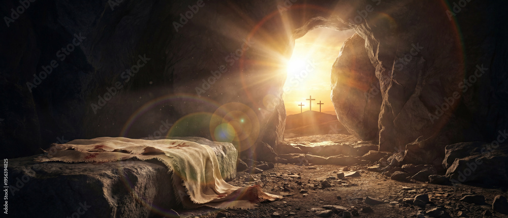 Fototapeta premium Empty Tomb. Resurrection of Jesus Christ. Shroud with defocused Crosses on background.