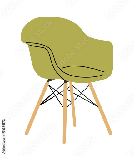 Modern chair with olive upholstery and wooden legs. Simple lines define its elegant, minimalist design. Perfect for interiors, design blogs, or lifestyle visuals