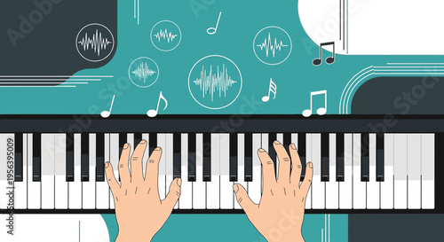 Creative artwork featuring hands playing a piano keyboard with musical notes and sound waves